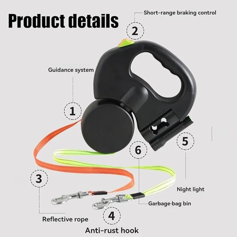 Double Ended Leash, Double Dog Leash for Two Dogs with Tangle-Free Swivel, Dog Leashs with LED Flashlight for Small & Large Dog
